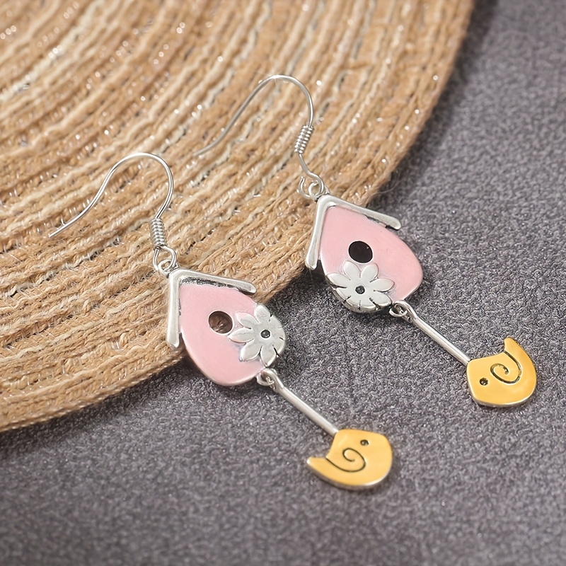 Women's Dual-Tone Copper Birdhouse Earrings, Unique Animal Design